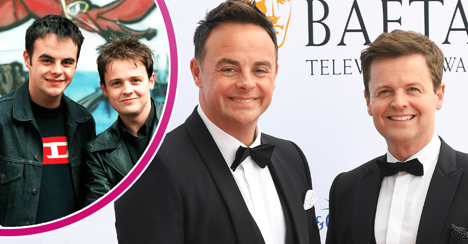 Ant and Dec smiling on the red carpet in tuxedos and inset on Byker Grove