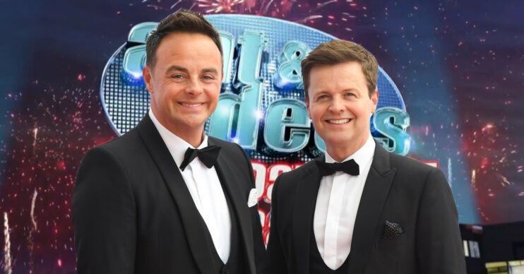 Ant and Dec in front of Saturday Night Takeaway logo