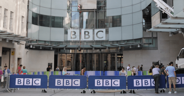 Blue BBC logos outside Broadcasting House