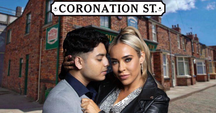 Coronation Street's Aadi, Courtney, the Coronation Street logo and background of the Rovers