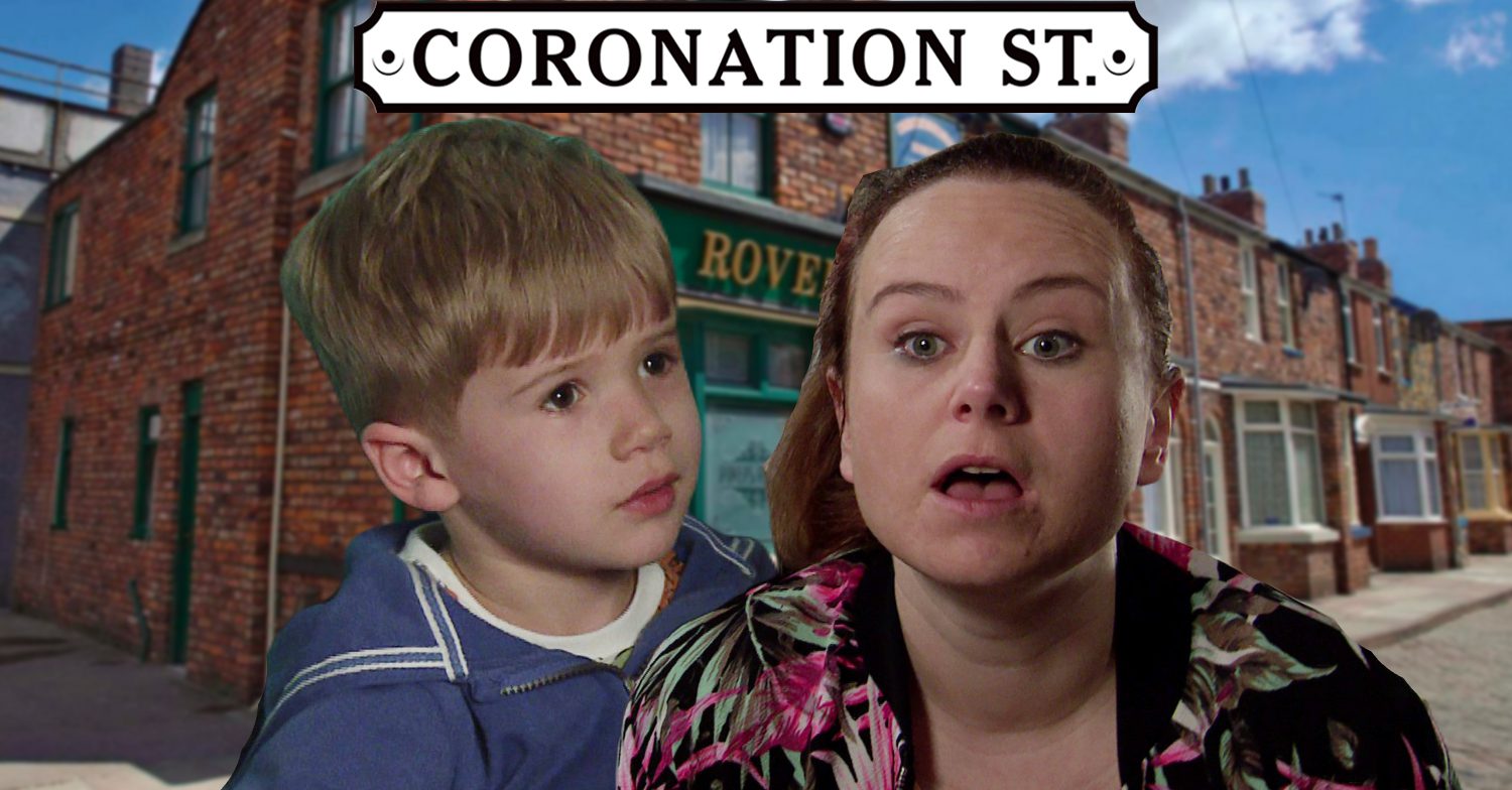 Coronation Street's Bertie, Gemma, the Coronation Street logo and background of the Rovers