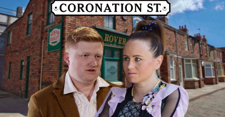 Coronation Street's Chesney, Gemma, the Coronation Street logo and background of the Rovers