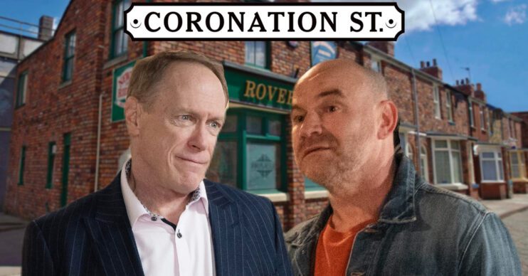 Coronation Street's Stephen, Tim, the Coronation Street logo and background of the Rovers