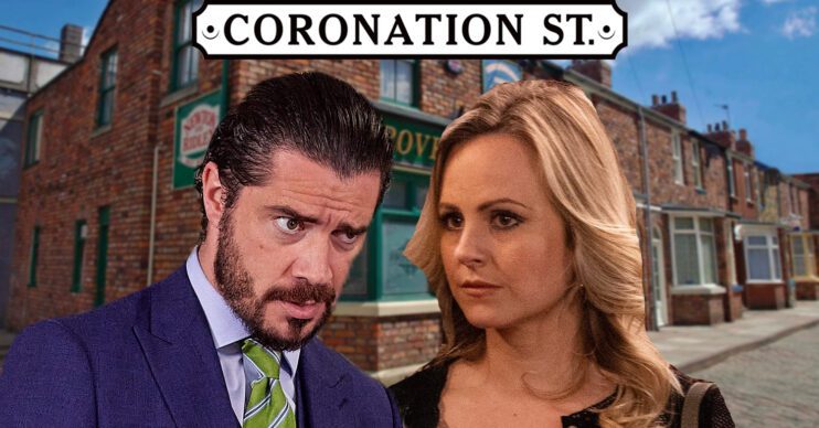 Coronation Street's Adam, Sarah, the Coronation Street logo and background of the Rovers