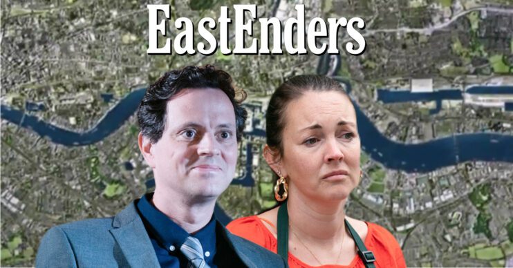 EastEnders' Theo, Stacey, the EastEnders logo and background of the Thames