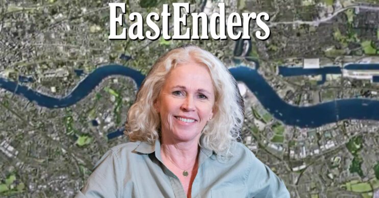 EastEnders' Lisa Fowler, the EastEnders logo and background of the Thames