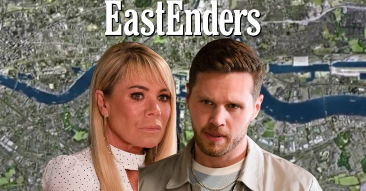 EastEnders' Sharon, Keanu, the EastEnders logo and background of the Thames