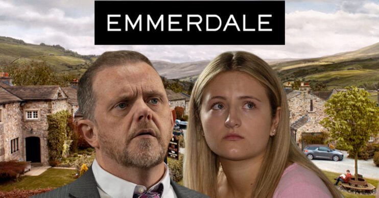 Emmerdale's Dan, Amelia, the Emmerdale logo and background of the Dales