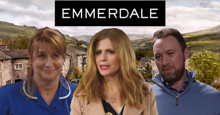 Emmerdale's Wendy, Bernice and Liam, the Emmerdale logo and background of the Dales
