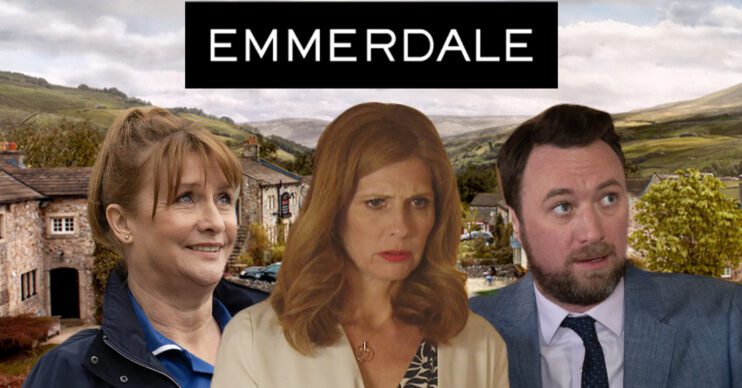 Emmerdale's Wendy, Bernice, Liam, the Emmerdale logo and background of the Dales
