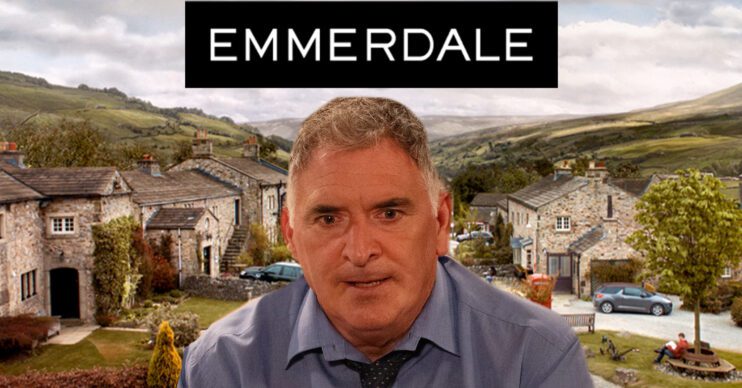 Emmerdale's Bob, the Emmerdale logo and background of the Dales