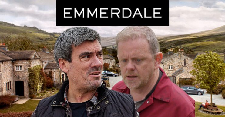 Emmerdale's Cain, Dan, the Emmerdale logo and background of the Dales
