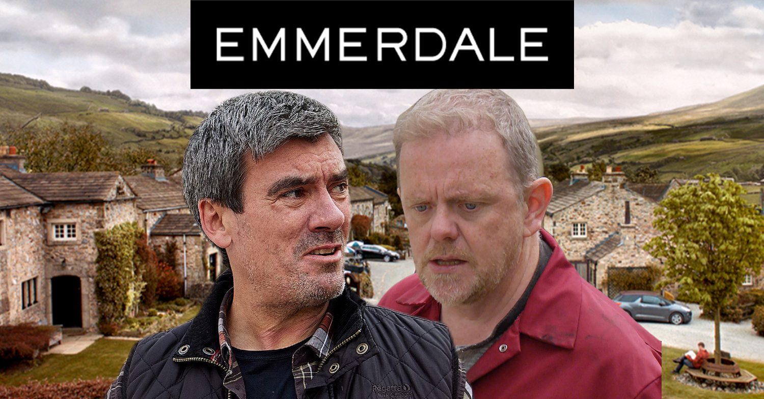 Emmerdale's Cain, Dan, the Emmerdale logo and background of the Dales