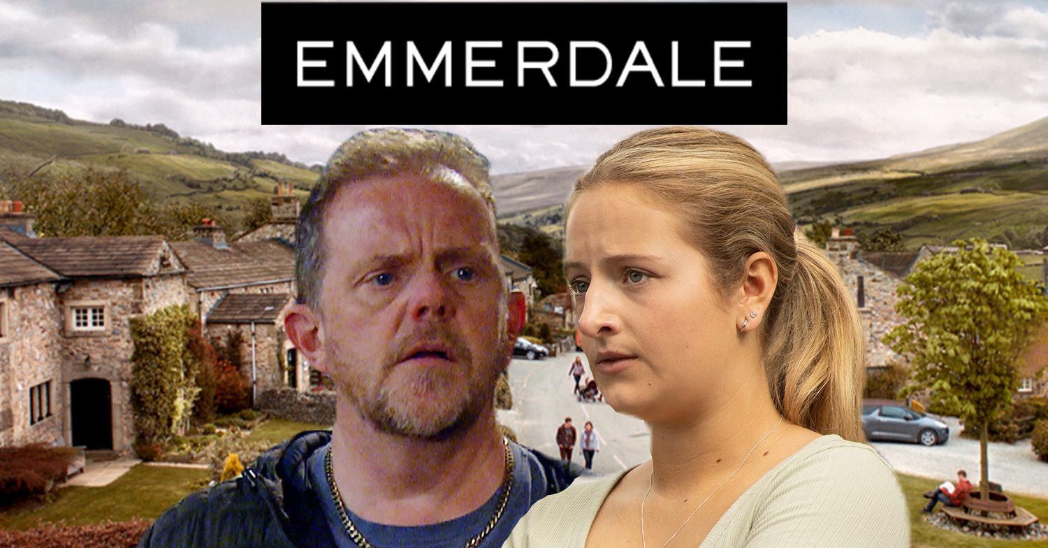 Emmerdale's Dan, Amelia, the Emmerdale logo and background of the Dales