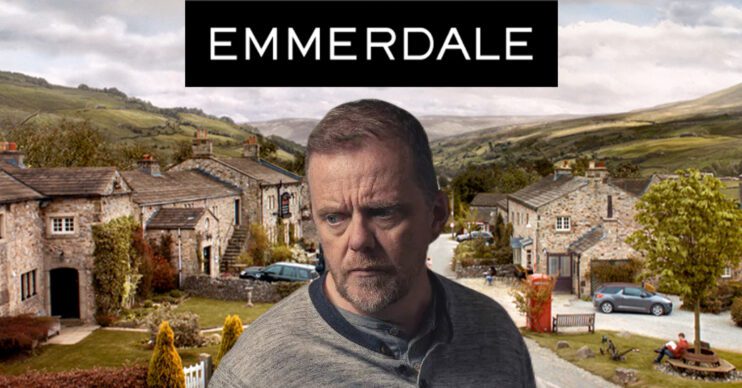 Emmerdale's Dan, the Emmerdale logo and background of the Dales