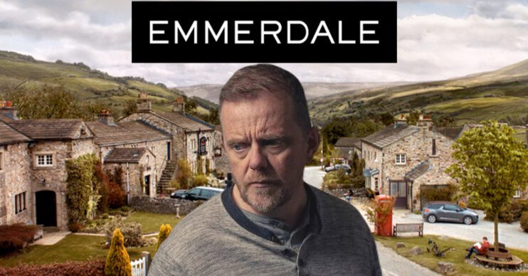 Emmerdale's Dan, the Emmerdale logo and background of the Dales