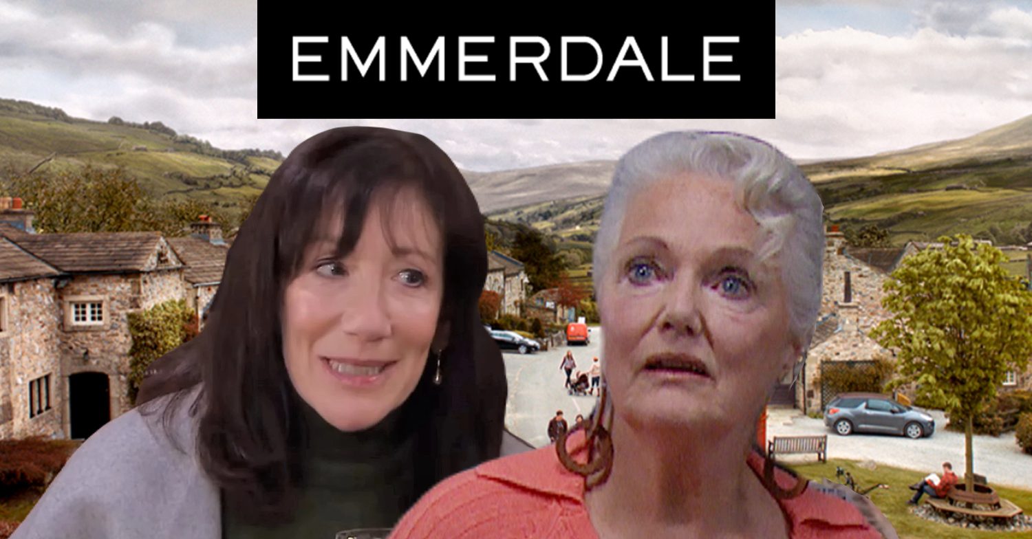 Emmerdale's Faye, Mary, the Emmerdale logo and background of the Dales