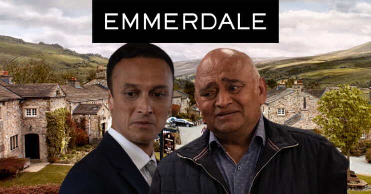 Emmerdale's Jai, Rishi, the Emmerdale logo and background of the Dales