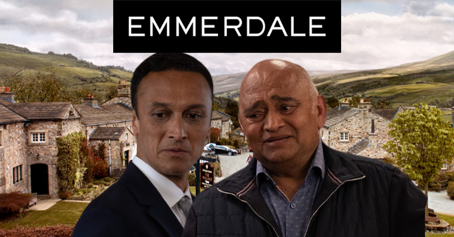 Emmerdale's Jai, Rishi, the Emmerdale logo and background of the Dales