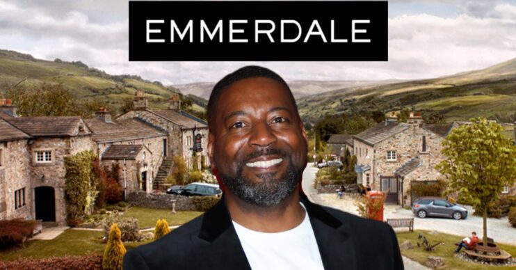 Emmerdale's Kevin Mathurin, the Emmerdale logo and background of the Dales