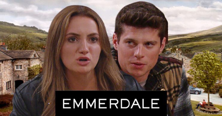 Emmerdale's Gabby, Nicky, the Emmerdale logo and background of the Dales