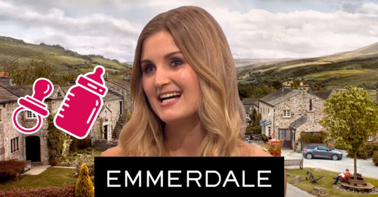 Emmerdale's Sophie Powles, a pink baby bottle and dummy, the Emmerdale logo and background of the Dales