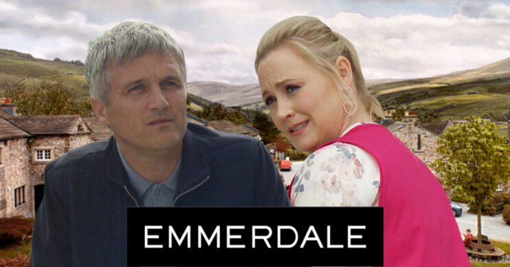 Emmerdale's Caleb, Tracy, the Emmerdale logo and background of the Dales