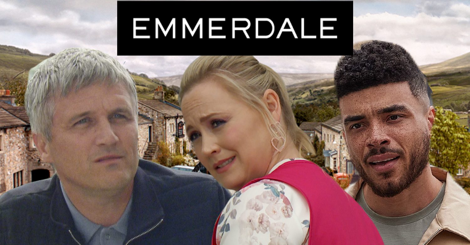 Emmerdale's Caleb, Tracy, Nate, the Emmerdale logo and background of the Dales