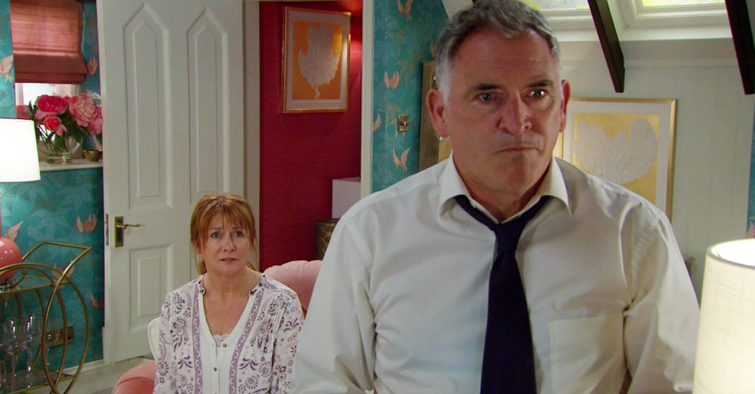 Emmerdale character Bob listens to Wendy as she confesses to her affair with Dr Liam