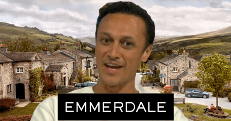 Emmerdale star Chris Bisson cut out over Emmerdale background with logo comp image