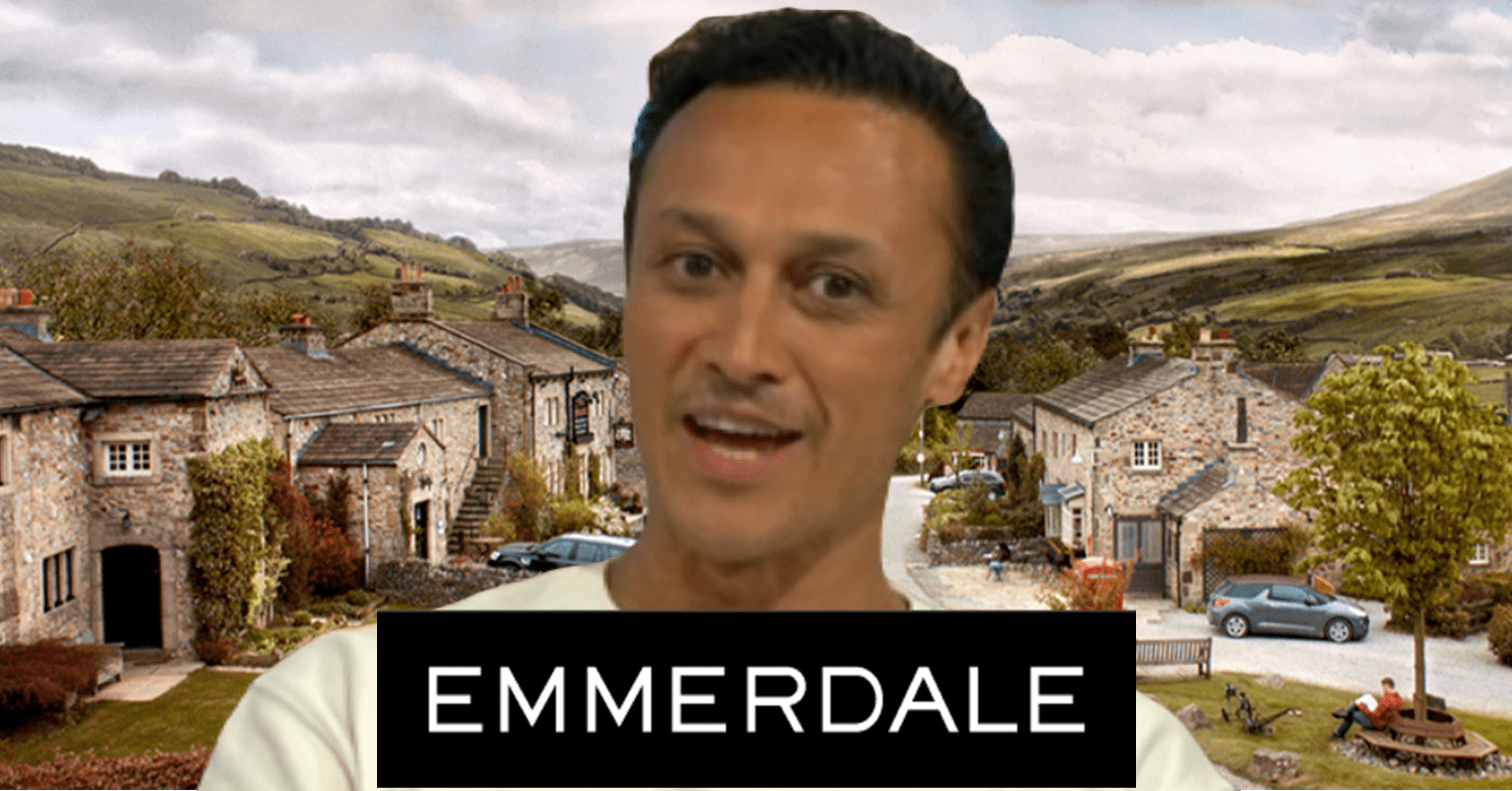 Emmerdale star Chris Bisson cut out over Emmerdale background with logo comp image