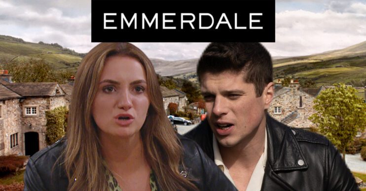 Emmerdale's Gabby, Nicky, the Emmerdale logo and background of the Dales