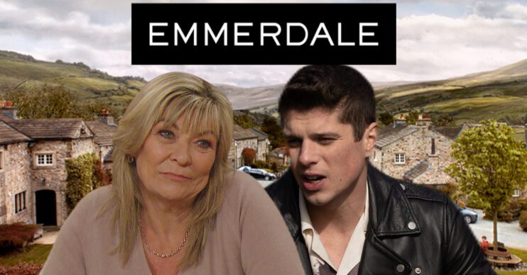 Emmerdale's Kim, Nicky, the Emmerdale logo and background of the Dales