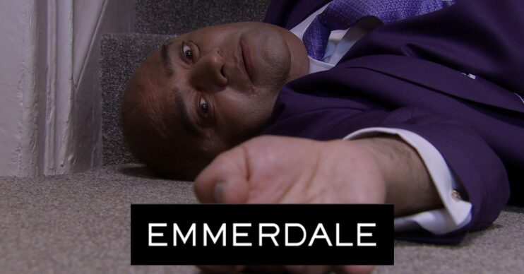 Emmerdale's Rishi lies dead at the bottom of the stairs comp image
