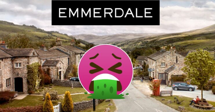 Emmerdale show logo and background with vomiting emoji comp image