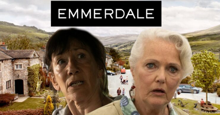 Mary and Faye on Emmerdale; Mary looks shocked while Faye is aggressive (Credit: IITV/Composite: ED!)