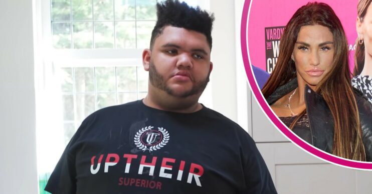Harvey Price in kitchen and Katie Price posing