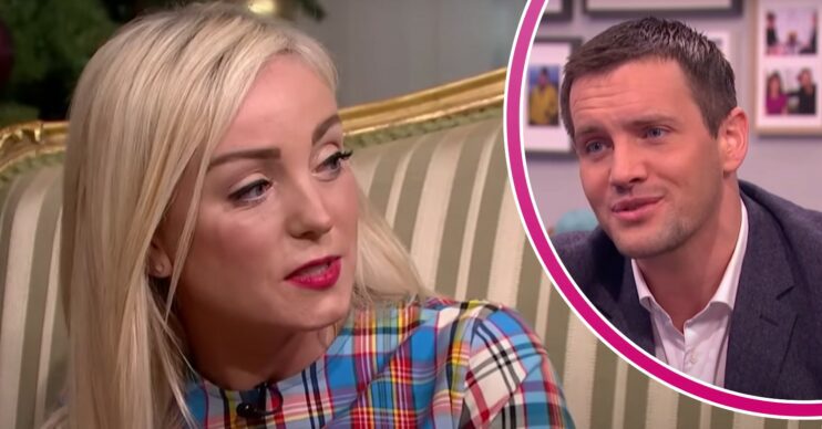 Helen George looks to her side, Jack Ashton speaks