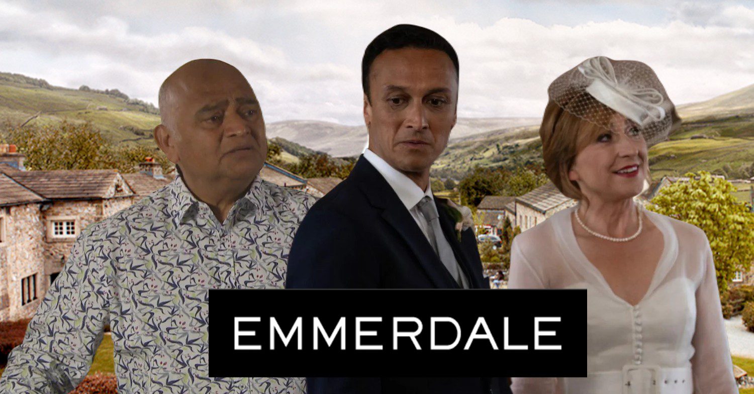 Jai, Laurel and Rishi on Emmerdale - with show logo and background (Credit: ITV/Composite: ED!)