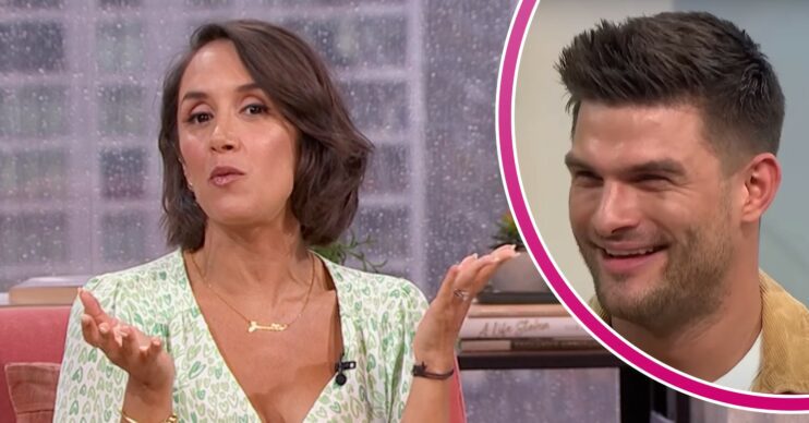 Janette Manrara has opened up about the possibility of a Strictly return - she lifts her palsm upwards, her husband Aljaz Skorjanec smiles