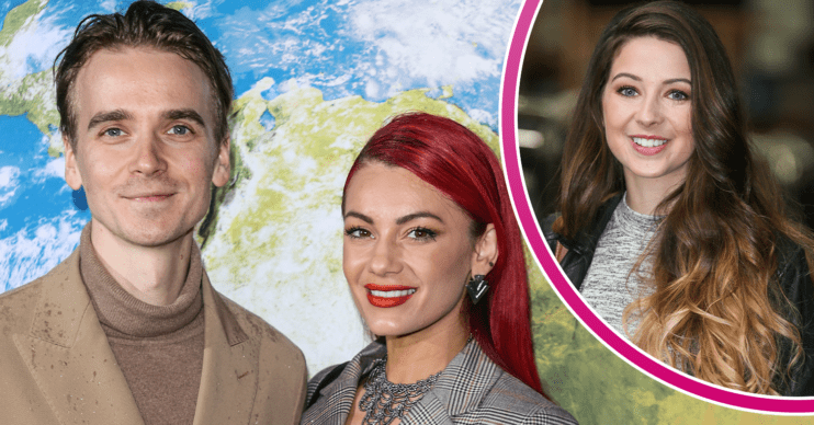 Joe Sugg and Dianne Buswell smiling and Zoe Sugg inset