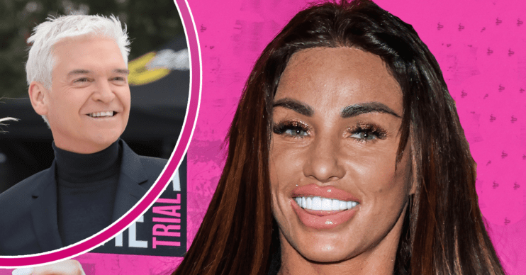 Katie Price smiling and Phillip Schofield inset