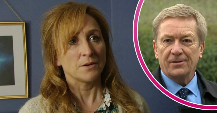 Laurel looks scared on Emmerdale; inset, Colin looking smug (Credit: ITV/Composite: ED!)
