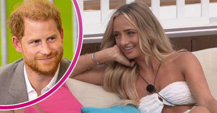 Prince Harry smiling, Casa Amor bombshell Abi smiling on Love Island