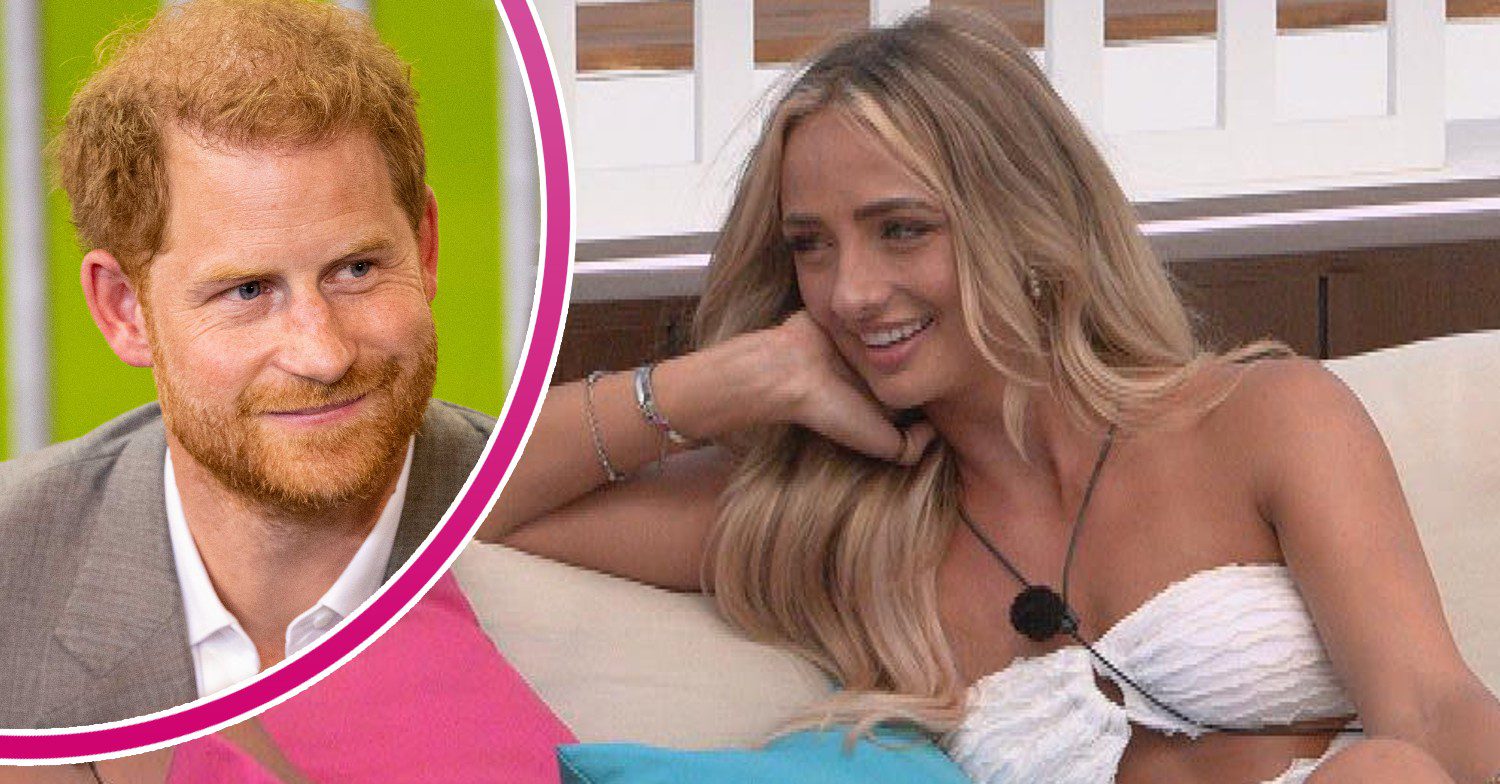 Prince Harry smiling, Casa Amor bombshell Abi smiling on Love Island