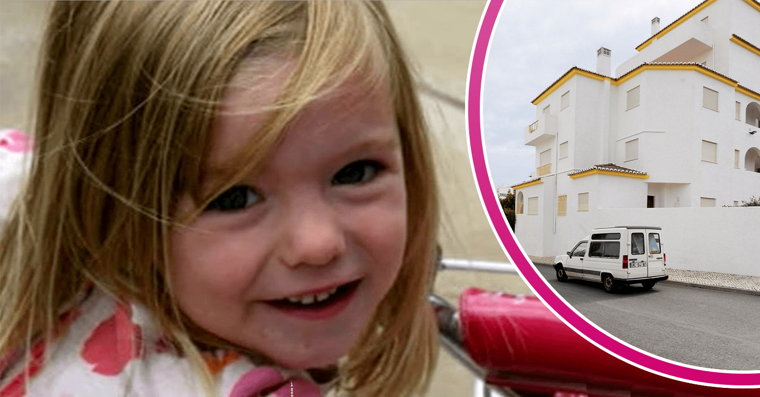 Madeleine McCann smiling and the apartment in Portugal