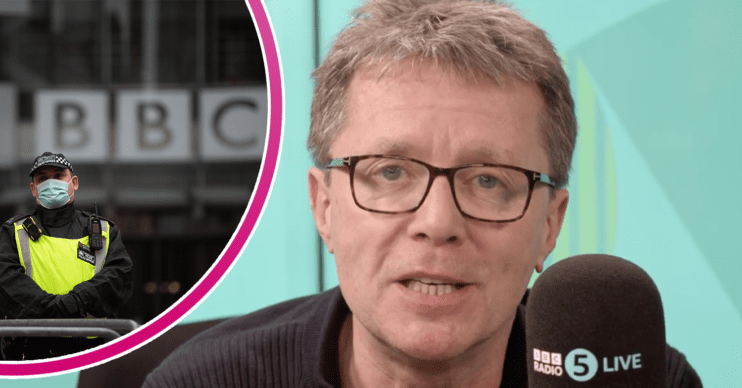 Nicky Campbell looking worried and the BBC building