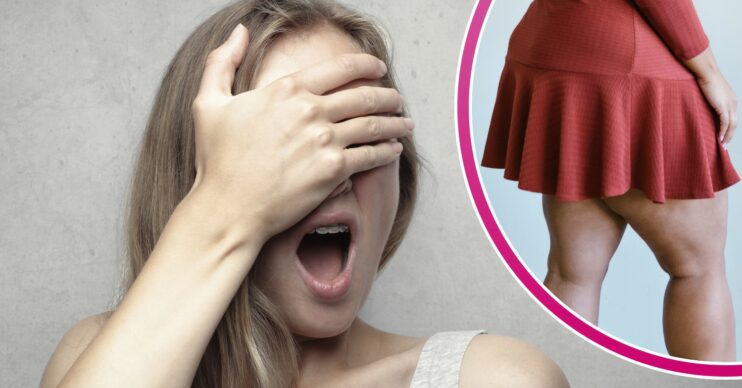 One woman is shocked, another woman wears a short dress