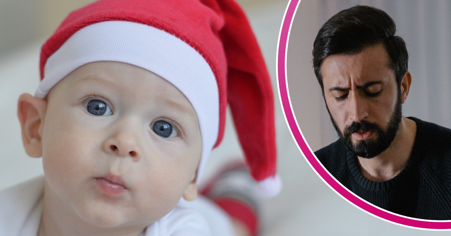 Christmas baby wears a Santa hat, man looks concerned