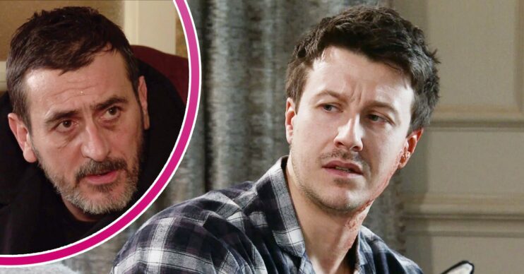 Ryan looks shifty on Coronation Street; inset, Peter looks concerned (Credit: ITV/Composite: ED!)